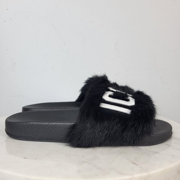 NWB~$825~DSQUARED2~7.5/8~ICON BLACK WHITE GENUINE  RABBIT FUR SANDALS SLIDES - Picture 12 of 16